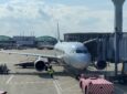 American Airlines Airbus A319, fitted with Intelsat 2Ku, parked at the gate at Chicago O'Hare Airport