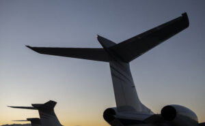 Tail section of Gulfstream Jets at sunset in Las Vegas