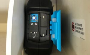 Bluebox's aircraft-powered W-IFE box in an overhead bin