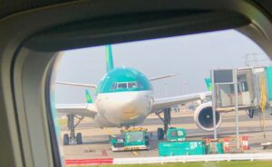 Parked Aer Lingus aircraft with the carrier's signature green and white livery