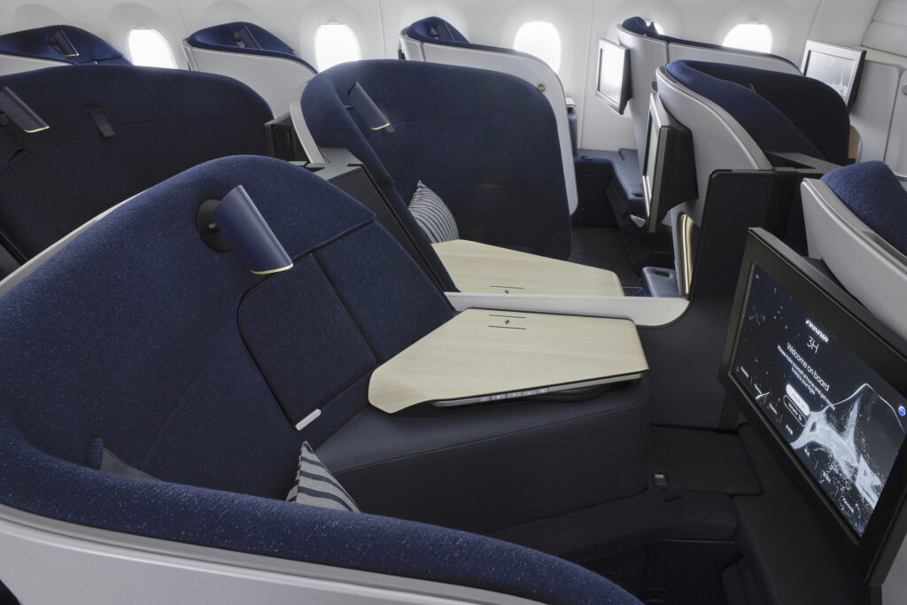 Finnair business class seat is seen here in a center pair.