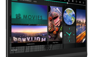 RAVE OS ultra angled HD screen is displayed in this image. The screen is displaying categories such as movies, a cock and a map.