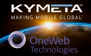 Kymeta and OneWeb logos are layered over an image of the earth from space.