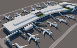 A computer rendering of a an aerial view of the new 14-gate concourse at Dulles. Aircraft are parked at each gate.
