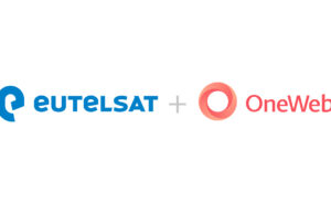 Eutelsat blue logo and OneWeb red logo are side by side on a white background.