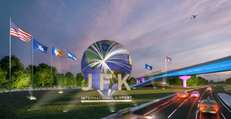 Rendering of the new JFK Terminal One entrance. There is a large globe with the letters "JFK". This terminal will be run with solar power.