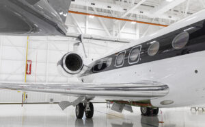 Gulfstream maintenance hanger is occupied with an aircraft.