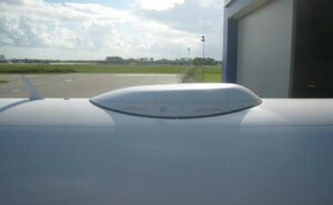 A close up of a Viasat radome on a JetBlue aircraft.