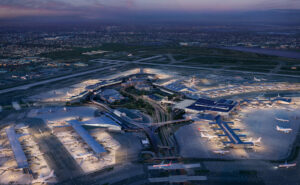 New Terminal One at John F. Kennedy International Airport rendering aerial at night. Korean Air will host a new lounge in this terminal