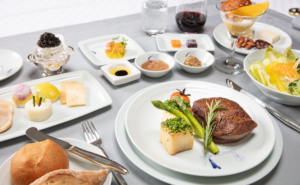A meal is set out in First class on a Korean Air flight.