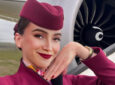 Digital image of Sama is in front of a digital image of a Qatar Airways aircraft engine.