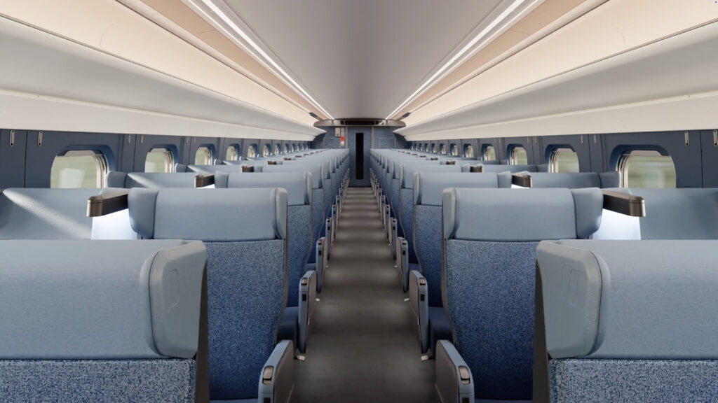 A 2-2 configured rail car filled with blue privacy seats.